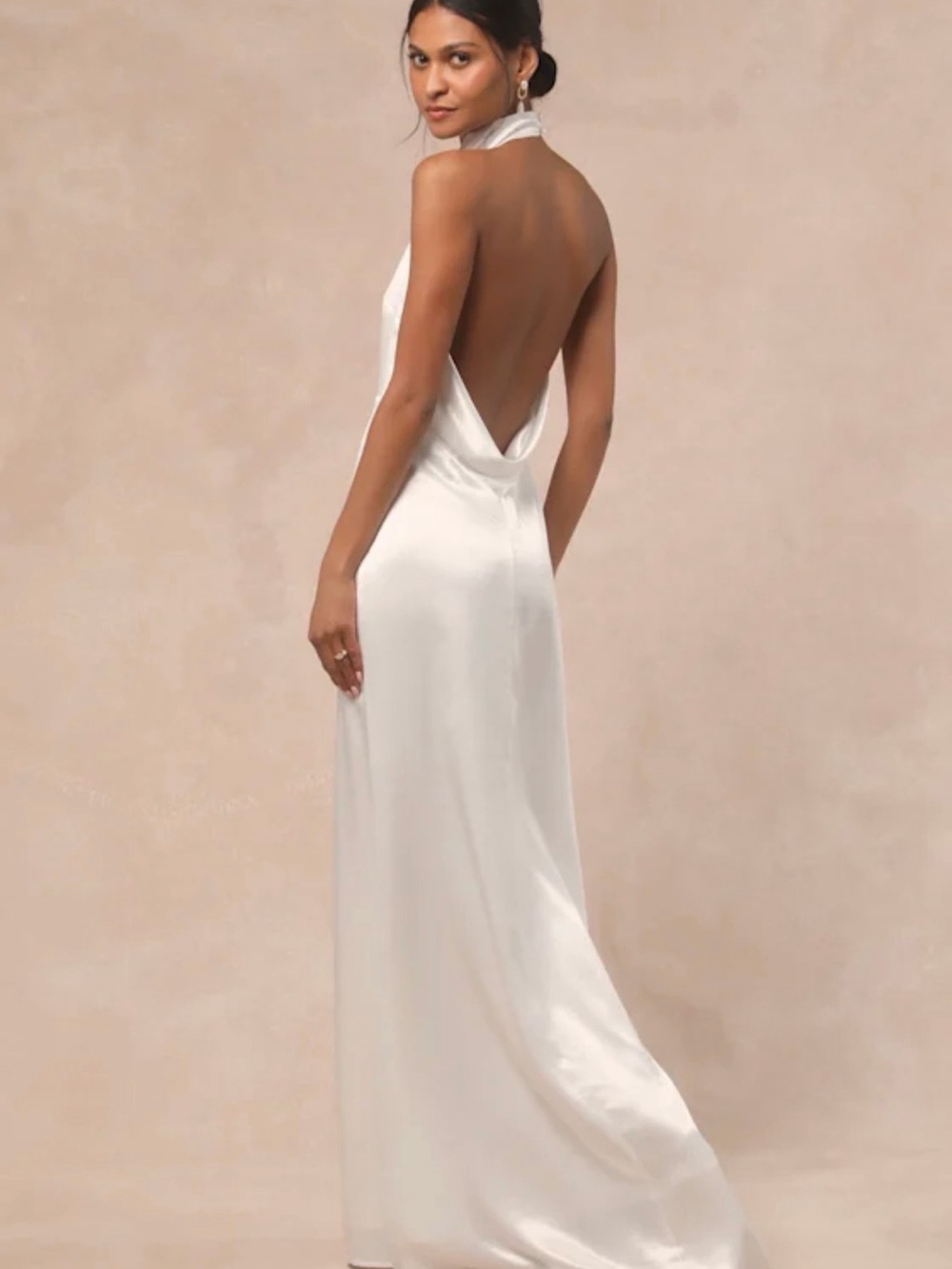 Meliana White Satin Halter Backless Maxi Dress
